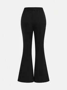 Girlism 青少年女孩休闲日常纯色抽绳喇叭腿运动裤 - 黑色 - 查看 3