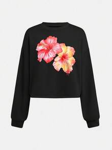 Sparklyn 2pcs/Set Teen Girls Casual Loose Floral Print Cropped Loose Sweatshirt + Elastic Waist Wide Leg Pants Set, Versatile Apricot Fall Winter