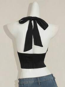 SHEIN ICON Y2K 休闲哥特风黑色性感纯色露背系带无袖上衣 - 黑色 - 查看 2