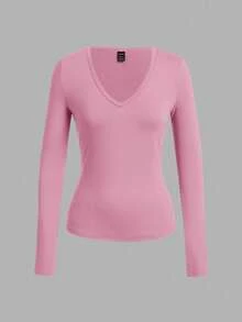 SHEIN EZwear 3 件套女士深 V 领修身休闲长袖打底 T 恤套装，适合秋冬季 - 彩色 - 查看 12