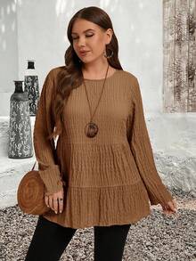 EMERY ROSE Áo cánh tay dài cổ tròn màu trơn cỡ lớn xếp ly tối giản, trang phục thường ngày, quần áo thu đông cho nữ - màu nâu - Xem 3