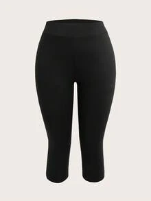 SHEIN EZwear 2条装女士黑色七分紧身休闲打底裤，适合夏季穿着 - 黑色 - 查看 3