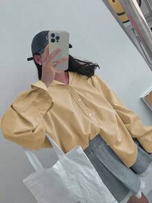 DAZY 女式宽松领口条纹设计休闲衬衫，蓝色，春夏秋装，秋季女装长袖上衣 - 黃色 - 查看 5