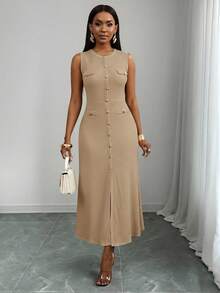 SHEIN PETITE CURVE Plus Size Women Button Design Sleeveless Solid Color Casual Dress