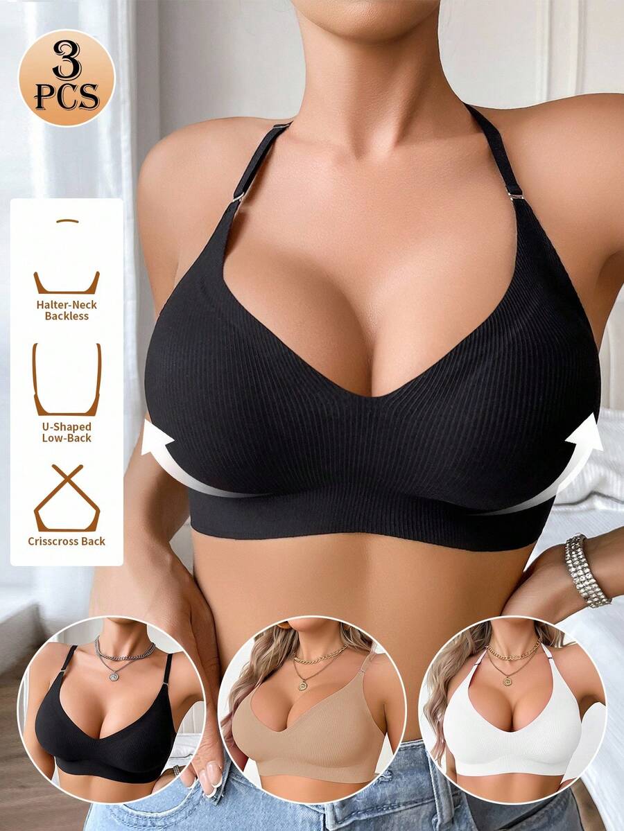 Set de 3 sujetadores inalámbricos sin costuras para mujeres, con relleno, cuello en V, de unicolor y diseño minimalista, cómodos - Multicolor - Ver 1