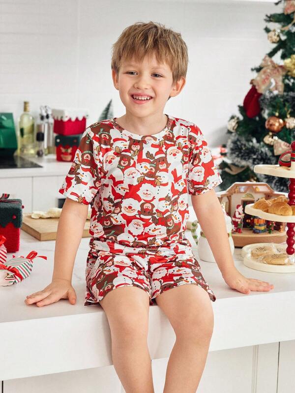 Cartoon Round Neck Pajama Set, Comfortable & Suitable For Family Parties, Happy Family, Toddler Boys