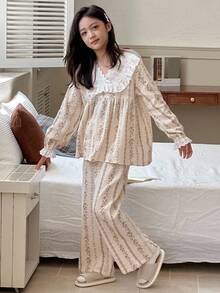 DAZY 女童碎花V领长袖睡衣套装 - 杏色 - 查看 5