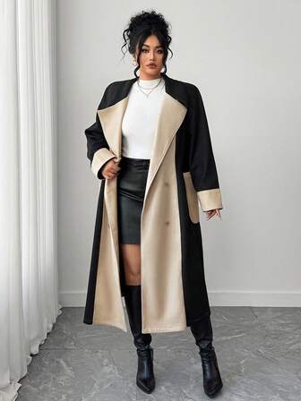 Elenzga Plus-Size Women's Color-Blocked Elegant Commuter Woolen Jacket