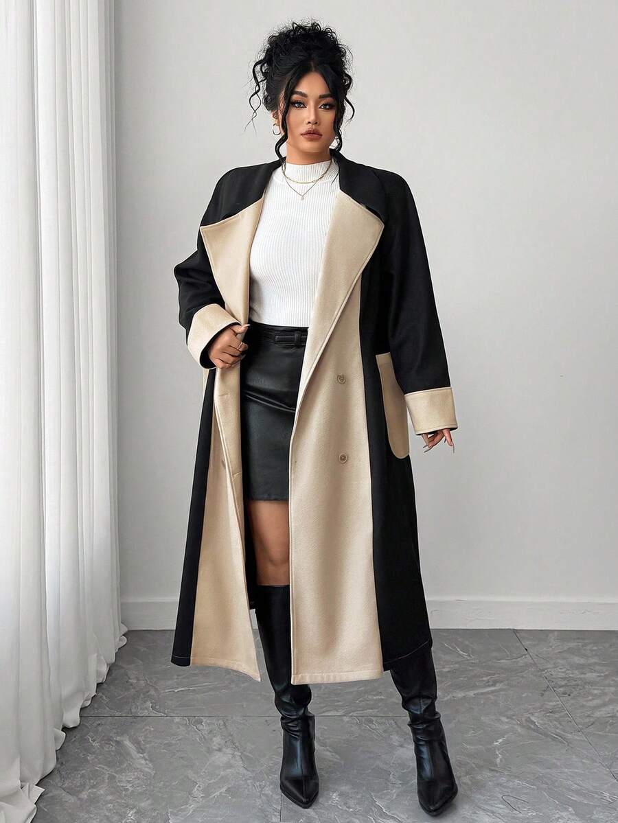 Elenzga Plus-Size Women's Color-Blocked Elegant Commuter Woolen Jacket - Multicolor - View 1