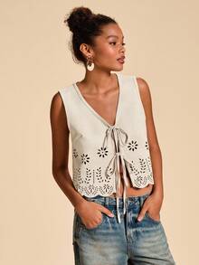 Travachic 纯色针织无袖短款女式夹克 - 杏色 - 查看 5