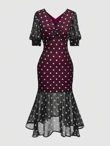 SHEIN Clasi Váy đuôi cá chấm bi đen trắng tay lửng cỡ lớn dành cho nữ - màu đen - Xem 1