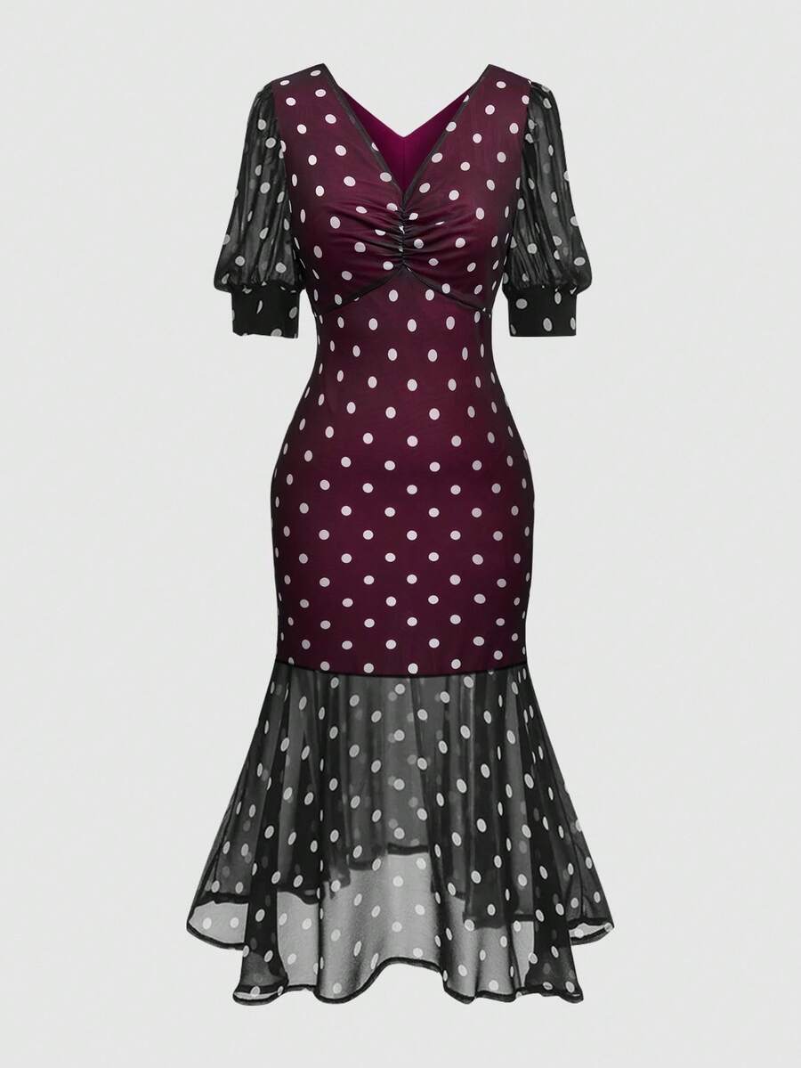 SHEIN Clasi Váy đuôi cá chấm bi đen trắng tay lửng cỡ lớn dành cho nữ - màu đen - Xem 1