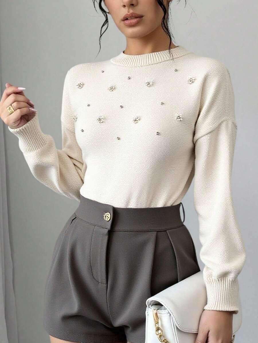 EURMUSE Women Sweater With Rhineshine Stones With Pearls Sweater Tops Pearl Sweater,Jumper,Cream Jumper,Jumpers,Black Jumper,Womens Jumper,White Jumper,Women's Jumper,Women's Jumpers,Winter Clothes - White - View 1