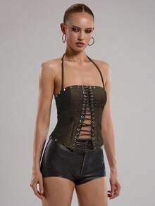 SHEIN BAE Summer Road Party Club Queue Music Festival Concert Fashionable Street Wear Sexy Brown Solid Color Vintage Washed Faux Leather Metal Criss-Cross Halter Neck Top For Women,Brown Top