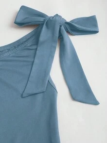 Sweetra Women's Solid Color Minimalist Casual Asymmetric Neck Dress - Baby Blue - View 3