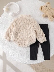 Babygirl 蓬松长袖卫衣套装，秋冬 - 米色 - 查看 2