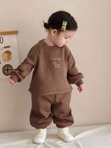 DAZY 2pcs Baby Girls Casual Letter & Cartoon Print Long Sleeve Sweatshirt And Loose Fit Pants Set Toddler Girls Clothes - Coffee Brown - View 7