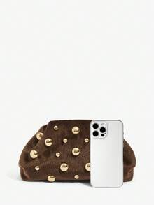 SHEIN SXY 女士金色串珠手拿包，时尚、优雅、简约、个性、百搭、经典、金色、不对称铆钉，适合通勤、办公、约会、日常、购物、下午茶 - 咖啡棕 - 查看 5
