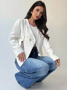 Firerie Women's Elegant White Tweed Short Jacket,Autumn Office V-Neck Metal Buckle Asymmetric Hem Long Sleeve Elegant Minimalist Commuter Urban Chic Casual - White - View 7