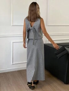 DAZY 2pcs Women's Elegant Solid Color V-Neck Sleeveless Crop Top With Bow Decor & Straight Hem Midi Skirt Suit Set, Autumn/Winter Lounge Sets For Women - Grey - View 2