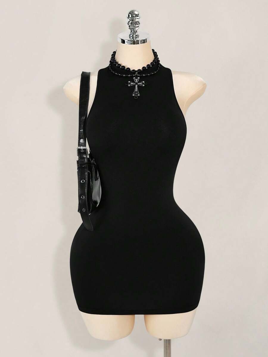 SHEIN ICON 纯色交叉露背性感休闲迷你连衣裙 - 黑色 - 查看 1