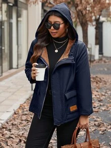 Plus Size Women Outdoor Warm Thermal Lined Zip-Up Jacket, Fall Autumn/Winter - Navy Blue - View 4