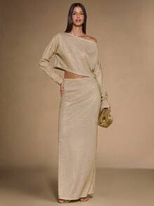 SHEIN BAE Damska jednokolorowa metaliczna, brokatowa, złota/srebrna dzianina z długim rękawem i obszernym, skośnym dekoltem na ramiona, elegancka narzutka na przyjęcie koktajlowe, do klubu, na święta Y2K, dla dziewczyn z klasą, na wakacje