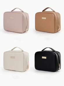 SHEIN Organisateur de maquillage de voyage élégant - Sac en PU spacieux avec porte-pinceaux amovible, compartiments transparents et fermeture éclair sécurisée
