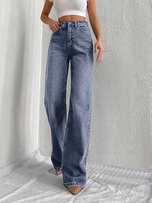 Cottnline Jeans droits amples et polyvalents à taille haute avec poches pour femmes - Bleu azur - Voir 3