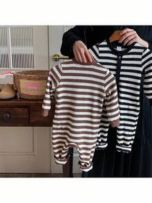 Set de 2 piezas Mono casual de punto a rayas con cuello redondo para bebé niño - Multicolor - Ver 2