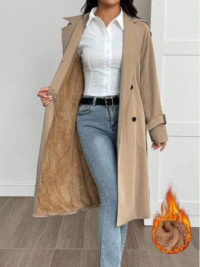 SHEIN PETITE Casaco trench coat feminino cáqui casual desfiado com decoração estilo universitário