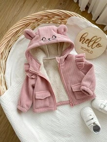 SHEIN Newborn Baby Girl Cute Casual Versatile Pink Corduroy Thermal Lined Hooded Jacket, Autumn/Winter Fall - Pink - View 6