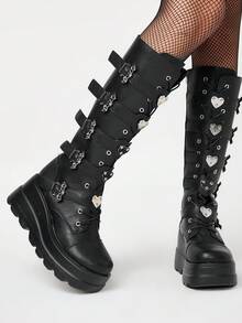 ROMWE Grunge Punk Bốt cao đến đầu gối bằng da PU tối màu thời trang mới 2025 dành cho nữ, mùa thu/đông, bốt cưỡi ngựa đế dày phong cách Punk có thắt lưng và khóa dơi - màu đen - Xem 3