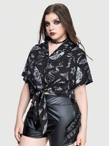 ROMWE Gothic Floral Print Tie Front Loose Cropped Shirt For Women - Multicolor - View 6