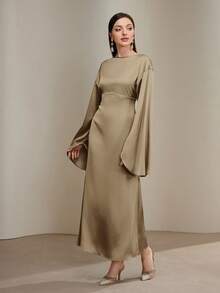 Veilorie 女式优雅纯色束腰长袖连衣裙 - 卡其色 - 查看 3