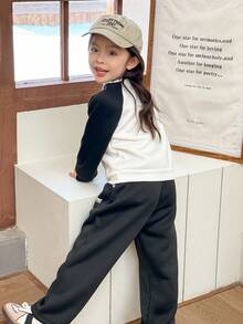 Genkimix Kids 2pcs/Set Toddler Girls' Knitted Sweatshirt, Contrast Color English Letter Print, Raglan Sleeve, Classic Fashion Versatile, Suitable For Autumn/Winter, Back To School Season Fall