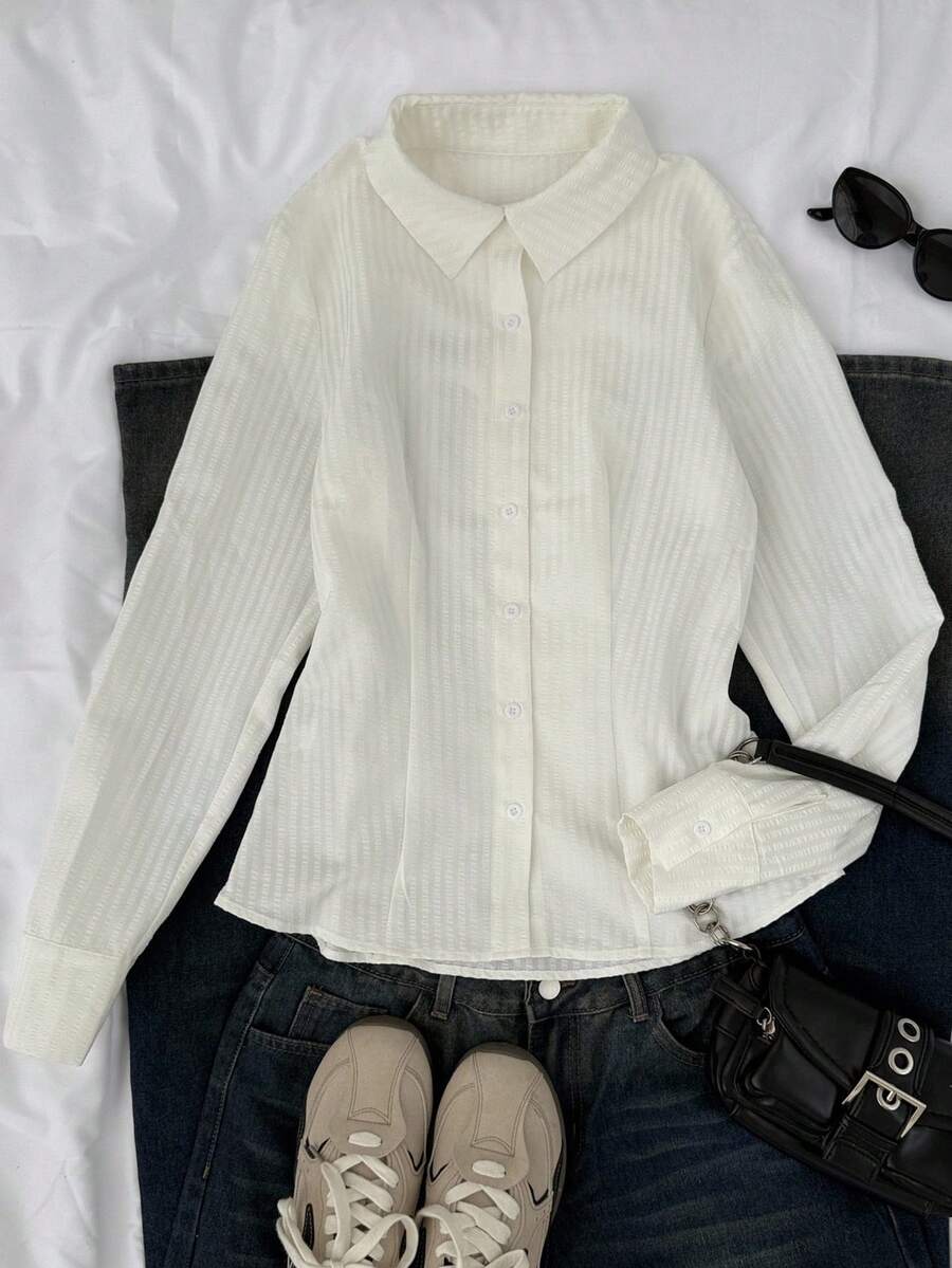 SHEIN Attitoon Women's Casual Cinched Waist Long Sleeve Button-Up Shirt, Suitable For Autumn/Winter, Office Wear - White - View 1