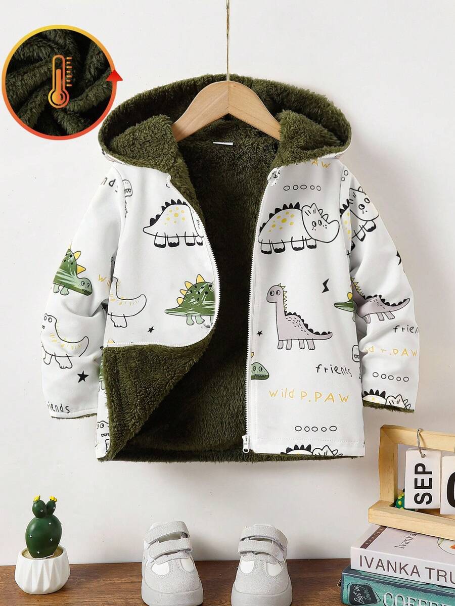 SHEIN 年轻男孩休闲时尚全印花连帽夹克,保暖内衬,拉链开合,秋冬 - 白色 - 查看 1