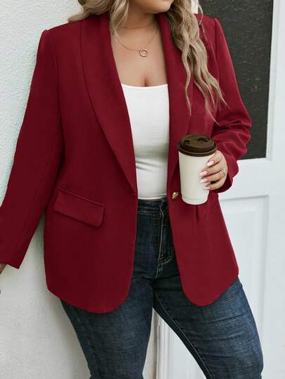 SHEIN LUNE Plus Size Women Casual/Business Solid Color Shawl Neck Blazer Jacket Suit Jacket For Women Red Jacket Red Blazer Women Blazers Dress Jacket Women Blazers Women Blazers/Winter