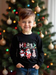 SHEIN Young Boy's Cartoon Ghost & English Letter Print T-Shirt, Fashion Versatile For Party, Daily, Outdoor Occasions Fall Winter,Christmas Clothes - Black - View 1