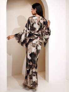 Veilorie 女式优雅褶饰喇叭袖连衣裙，秋季 - 綠色 - 查看 2