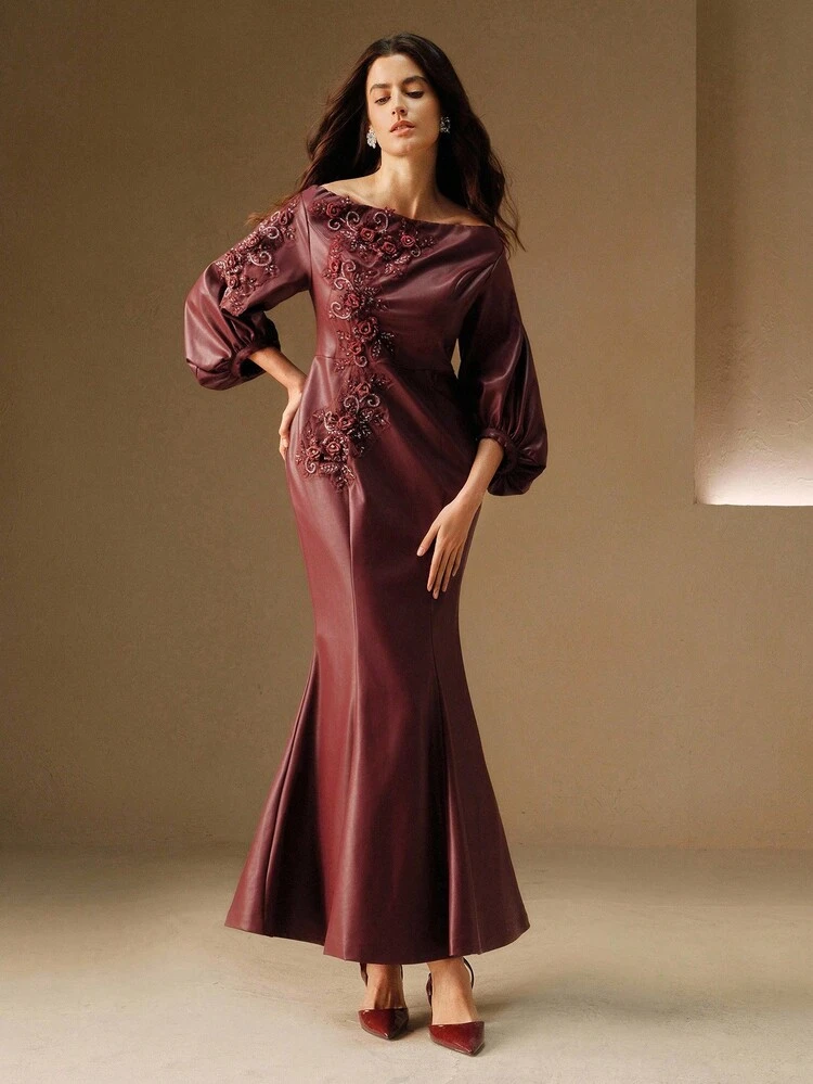 New Shoulder-Exposing Embroidered Faux Leather Long Dress, Suitable For Autumn, Fall, Winter, Going Out, Elegant, Formal, Party, Chic, New Year, Christmas, Work, Graduation, Wedding, Christmas, Burgundy