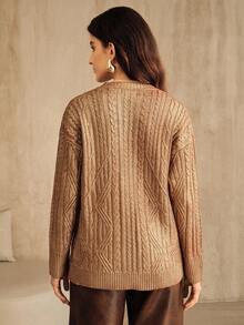 Anewsta 女士新款休闲烫金印花中长款针织开衫，秋冬 - 金色 - 查看 2