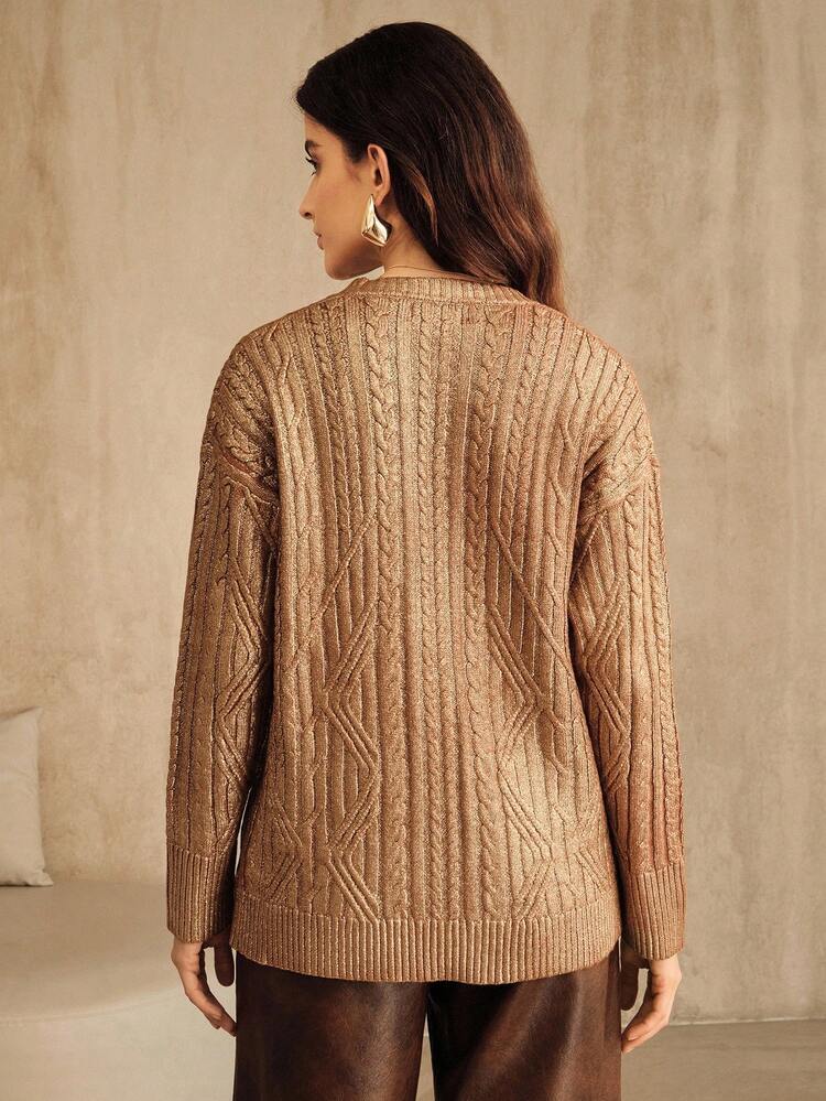 Nouveau cardigan tricoté mi-long imprimé feuille d'or, décontracté pour femmes, automne/hiver