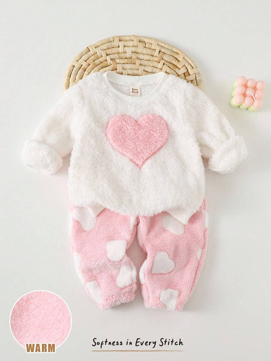 Cozy Pixies 女婴心形图案羊毛加厚圆领长袖套头衫和松紧腰踝长裤两件套服装 - 粉色 - 查看 1