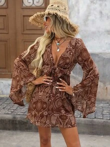 Brillora Combinaison-robe imprimée tissée à col en V avec nœud devant et manches évasées pour femmes, robes casual pour femmes