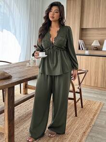 EMERY ROSE Plus Size Women's Contrast Lace Tie Waist Lantern Sleeve Shirt And Wide Leg Pants Casual 2 Pieces Set Fall Cloth For Women - Green - View 4