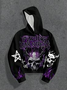 Manfinity ZONE917 Box-Cut Cropped Dark Purple Flame Gothic Skull Cross Pattern Fleece Hoodie