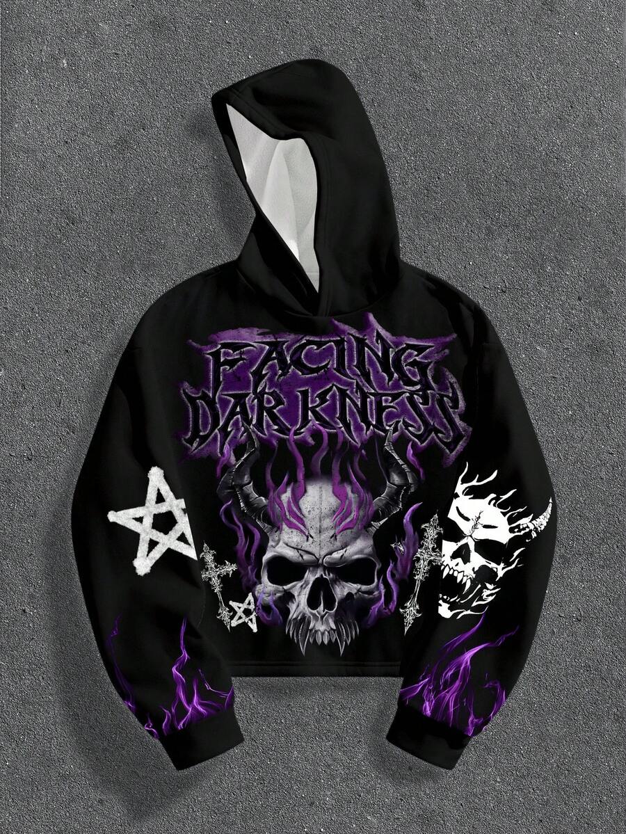 Manfinity ZONE917 Box-Cut Cropped Dark Purple Flame Gothic Skull Cross Pattern Fleece Hoodie