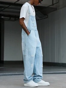 Manfinity EMRG 男式休闲做旧多口袋胸带牛仔背带工装裤 - 淺色水洗藍 - 查看 4